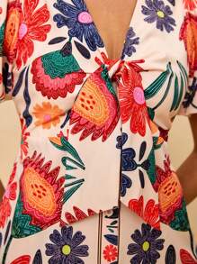 Travachic 大码女式热带花卉印花长裙，定位印花，前系蝴蝶结浪漫短袖连衣裙开衩花卉长裙女式度假连衣裙花卉中长裙印花长裙波西米亚长裙波西米亚风度假装假日装都市海岸风格乡村装复古服装教师装返校外出装 - 彩色 - 查看 4