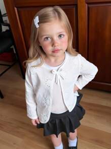 SHEIN 女童优雅白色镂空花卉面料圆领单扣耸肩夹克，秋季 - 粉色 - 查看 1