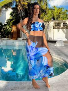 Slaysola Set de 3 piezas de traje de baño de tallas grandes con estampados de leopardo y flores tropicales