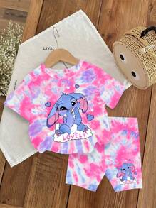 SHEIN 女宝宝可爱兔子卡通印花扎染圆领短袖T恤和针织打底裤可爱两件套，夏季 - 彩色 - 查看 3