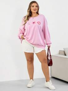 SHEIN CURVE+ 大码休闲花卉贝壳印花宽松圆领长袖运动衫，适合女士、秋季、冬季 - 粉色 - 查看 6