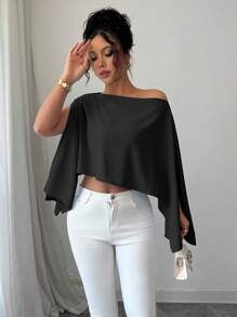 Elenzga 2025 新款优雅别致浅黑色休闲百搭性感不对称设计落肩褶皱腰绿色女式春夏衬衫，休闲露肩纯色不对称衬衫，适合万圣节、圣诞节、新年、感恩节、情人节、工作 - 黑色 - 查看 6