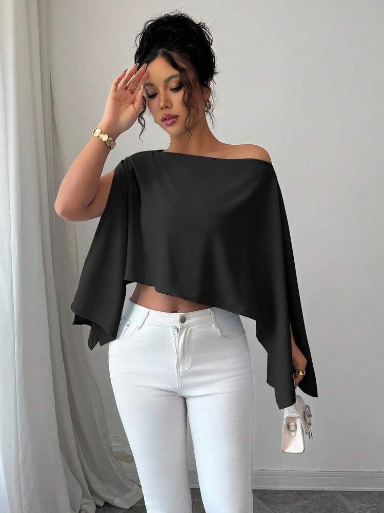 SHEIN Elenzya 2025 New Elegant Chic Light Black Casual Versatile Sexy Asymmetric Design Drop Shoulder Ruched Waist Green Women's Spring/Summer Blouse, Casual Shoulder Exposed Solid Color Asymmetric Shirt, Suitable For Halloween, Christmas, New Year, Thanksgiving, Valentine's Day, Work - Black - View 6