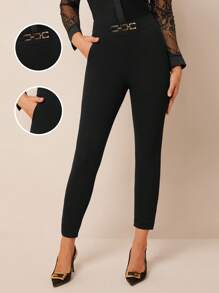 Amorya Pantalones pitillo de cintura alta con detalle de hebilla metálica para mujer - Negro - Ver 6