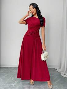 Modelyn Damen Einfarbiges Kleid mit asymmetrischem Rüschenkragen und Kurzarm, Sommer