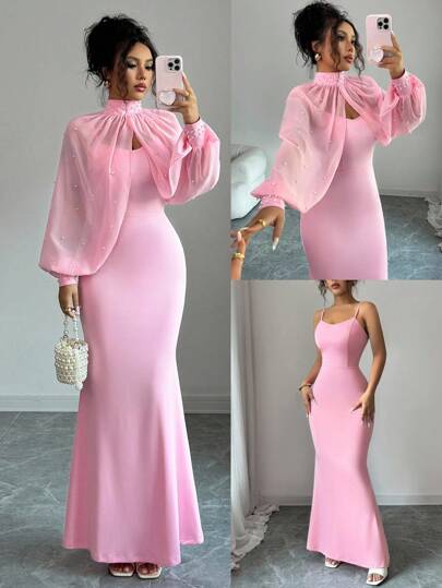 Elenzga New Elegant Mature Charm Evening Gown, Dignified & Gentle, Dreamy Pink, Hand-Beaded Long Sleeve Top, Graceful Mermaid Hem Bodycon Slip Dress Set Fall Cloth For Women