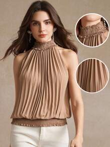 Amorya Solid Keyhole Back Halter Neck Pleated Detail Blouse, Fall/Winter Back To School Modest Vintage Old Money Teacher Airport Summer Elegant Blouses For Ladies - Mocha Brown - View 1
