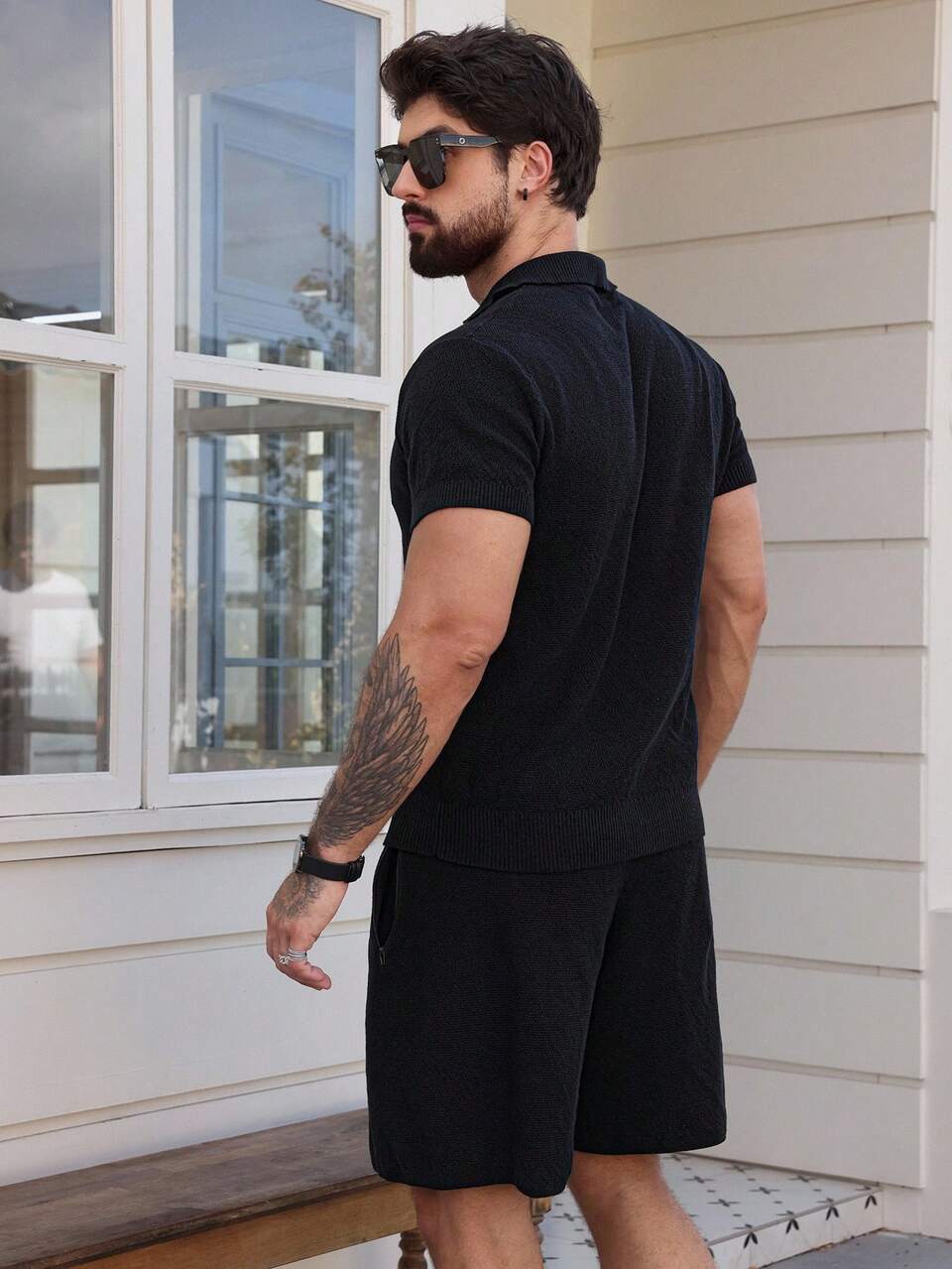 Men's Knitted Black Polo Shirt Set, Spring/Summer