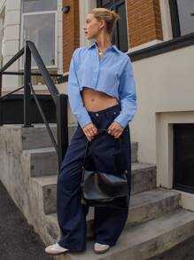 DAZY Women's Solid Color Blue Drop Shoulder Long Sleeve Single-Breasted Cropped Casual Shirt - Blue - View 6