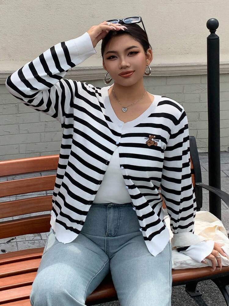 Dazy Plus Cartoon Pattern Embroidered Round Neck Striped Long Sleeve Cropped Cardigan, Plus Size Women,Fall Women Clothes