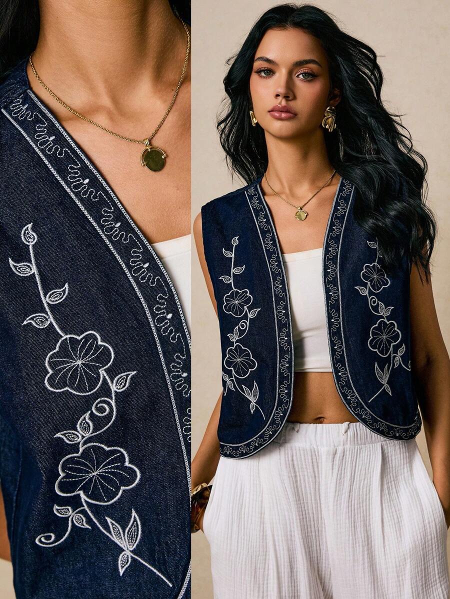 Poéselle 女式牛仔上衣无袖碎花刺绣背心深蓝色牛仔背心秋季法式休闲度假休闲外出上衣可爱上衣Y2k上衣度假女乡村音乐会 - 深色水洗藍 - 查看 1