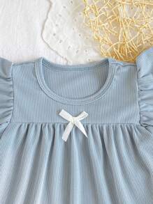 Girls 2-Piece Set, Back To School Sleepwear, Princess Style With Bow, Ribbed Pattern Loose Fitting Cap Sleeve Top And Long Pants, Suitable For Spring/Summer/Autumn, Lightweight - Blue - View 6