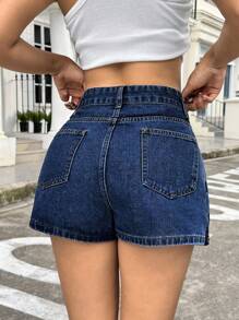 SHEIN ICON 女士休闲水洗牛仔迷你裙，夏季 - 深色水洗藍 - 查看 2