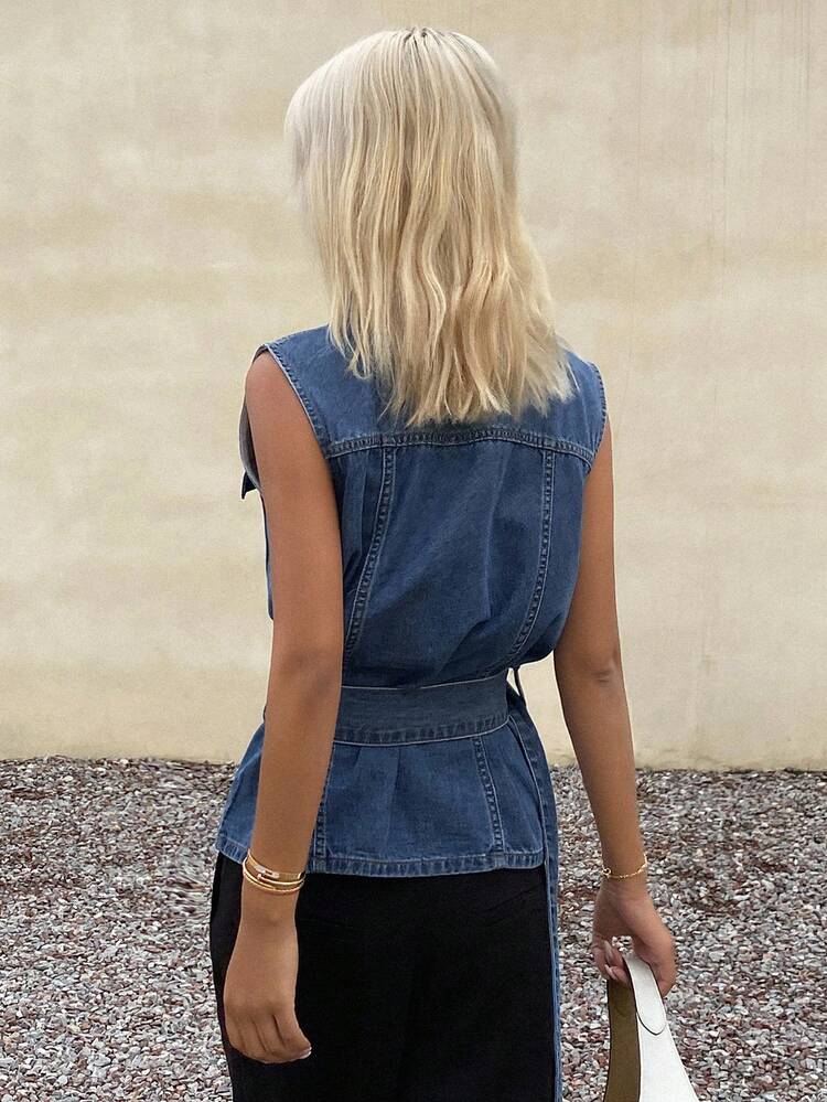 Women's Sleeveless Denim Jacket With Belt And Pockets, Casual Street Style, Summer