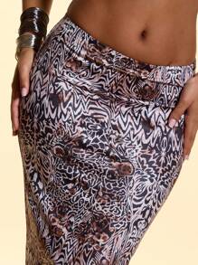 MUSERA 动物纹低腰修身长裙，仅限夏季度假节日性感夜店狂欢派对演出后穿着，可爱伊比沙岛波西米亚风海滩生日复活节 - 彩色 - 查看 5