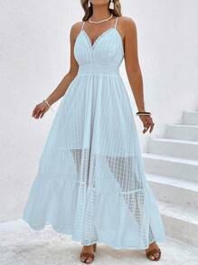 Breezaya Plus Size Women Holiday Style Textured Spaghetti Strap Ruffle Trim Waist Flared Dress Women Dresses Birthday Women Casual Dress Women Summer Clothing Woman S Summer Clothes Women Birthday Outfit