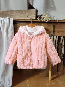 SHEIN معطف طويل بكم طفلة صغيرة شائع الاستخدام ذو ملمس النسيج السميك بتصميم ثلاثي الأبعاد على شكل كرات فراء ، مناسب لارتداء اليومي في فصل الخريف والشتاء - وردي - مشاهدة 9