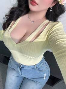 Flirla Plus Size Casual Jednokolorowy sweter z wycięciami, dopasowany, dzianinowy sweter Jesień Zima - Żółty - Zobacz 1