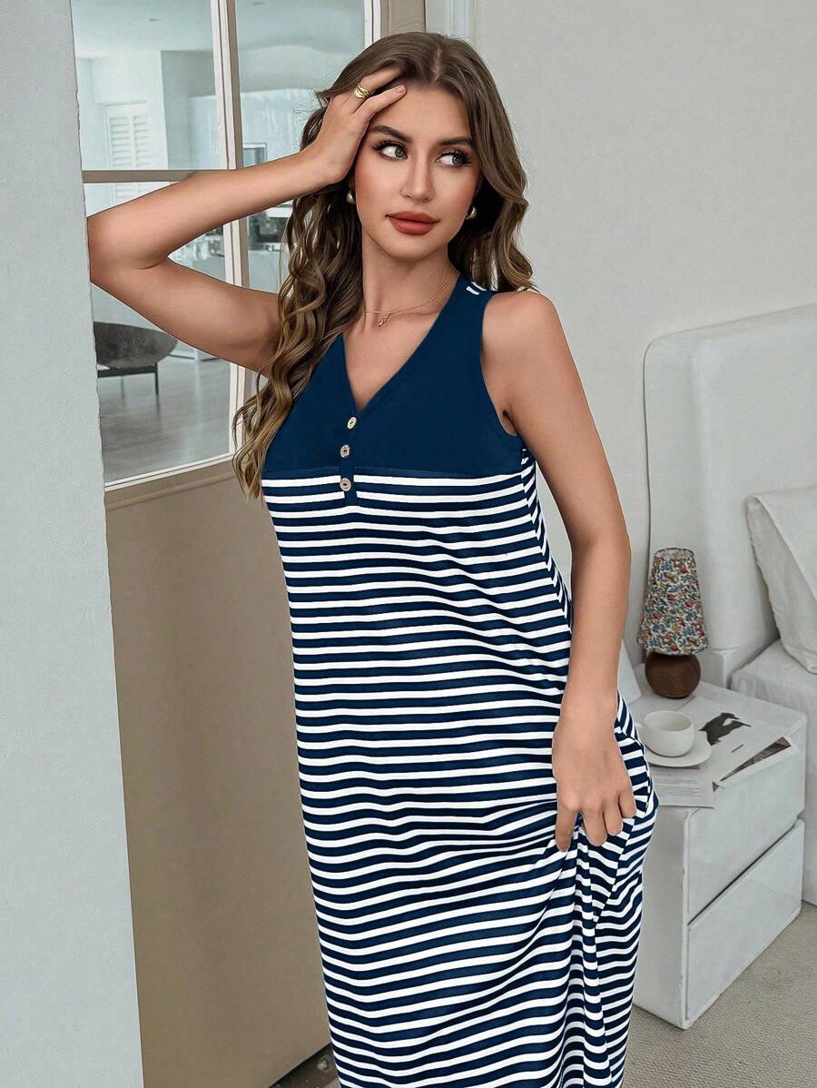 SHEIN Sleeveless Knitted Striped Lounge Dress With Button Front And V Neck Blue And White Striped Dress Striped Maxi Dress - Blue - View 1