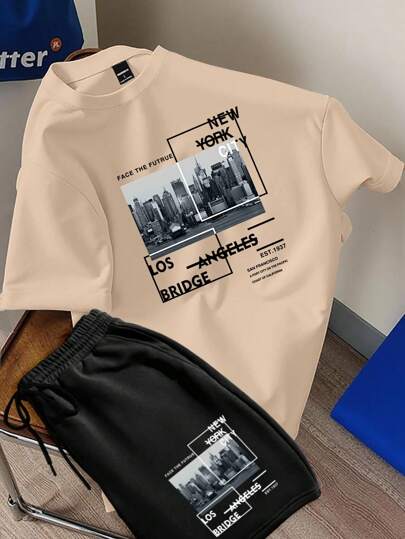 Claim Dot طقم رجالي مكون من تي شيرت كاجوال بياقة دائرية وأكمام قصيرة مطبوع عليه شعار وشورت بخصر رباط، طقم قطعتين مريح للشارع