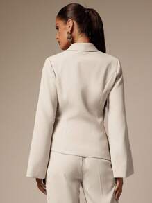 Silquee 女士纯色披肩领长袖优雅西装外套，秋季服装，返校服装，复古风格女性，商务休闲女性，女士办公室服装，外出服装，女士工作服，女士约会夜服装，白色系带西装外套，女士秋季服装 - 卡其色 - 查看 3