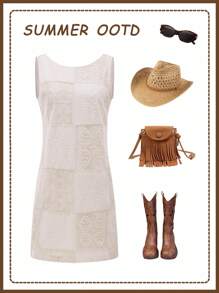 LanaWest Women's Elegant Apricot Hollow Out Embroidered Design Textured Fabric Fitted Casual/Holiday Mini Dress, Sleeveless Round Neck - Apricot - View 6