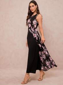 Amorya Women's Summer Elegant Floral Printed Splice High Slit Sleeveless Jumpsuit Fall/Winter Women Clothes Back To School Modest Vintage Old Money Teacher Outfits For Women Airport