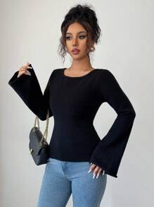 Elenzga Sweater Lengan Lonceng Warna Polos Kasual untuk Wanita, Pakaian Musim Gugur dan Musim Dingin untuk Wanita - Hitam - View 5