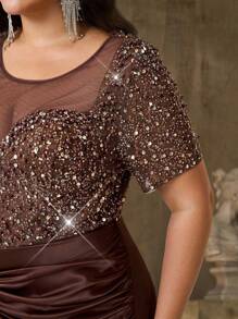 Aureia Plus Size Elegant Romantic Dark Brown Round Neck Sheer Sweetheart Neckline Luxury Beaded Hand-Embellished Sleeve Tassel Chain Satin Mermaid Hem With Train Dress, Suitable For Wedding, Party, Celebration Events, Formal Evening Gown - Coffee Brown - View 4