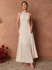 Anewsta Savoree 优雅、优美、柔软优雅无袖重工刺绣蕾丝连衣裙 - 白色 - 查看 4