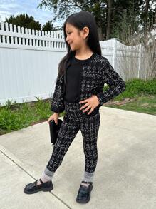 SHEIN Nova Glow 2 件套少女针织格子开衫和配套针织打底裤套装，毕业装 - 黑色 - 查看 7