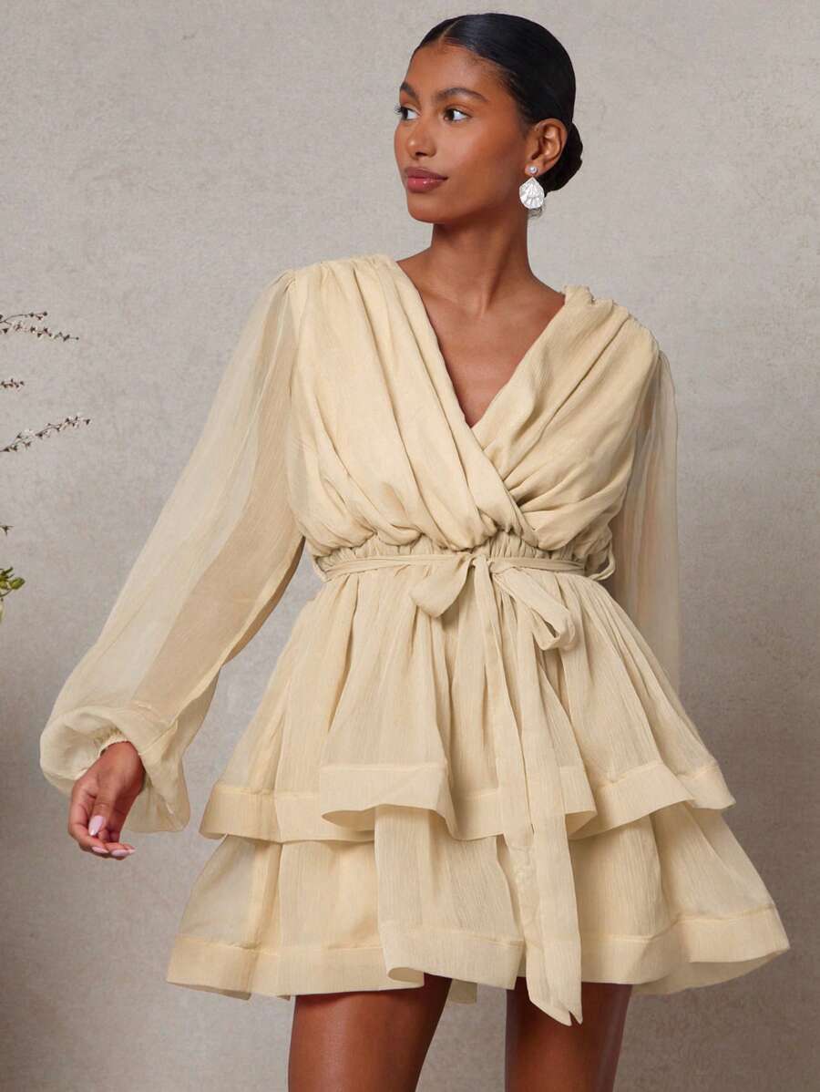 L'Amorae Elegantes Damen Minikleid mit Bindedetail, Puffärmeln, V-Ausschnitt und Volants, Sommeroutfit für Frauen, Urlaubsoutfit für Frauen, Geburtstagsoutfit