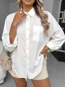 INAWLY Casual Loose Long Sleeve Shirt Dress With Backless Chain Decor - White - View 3