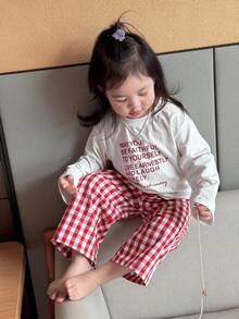 Dazy Kids 女婴圆领休闲字母印花长袖 T 恤、格子家居服、幼儿秋装 - 粉色 - 查看 7