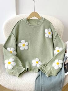 SHEIN 青少年女孩休闲时尚百搭可爱花朵装饰宽松舒适圆领套头衫，适合周末、休闲外出、返校、万圣节、圣诞节、新年、女孩毛衣、青少年毛衣、雏菊毛衣、秋冬花卉毛衣、秋季 Diothes、冬季 Cbothes - 薄荷綠 - 查看 1