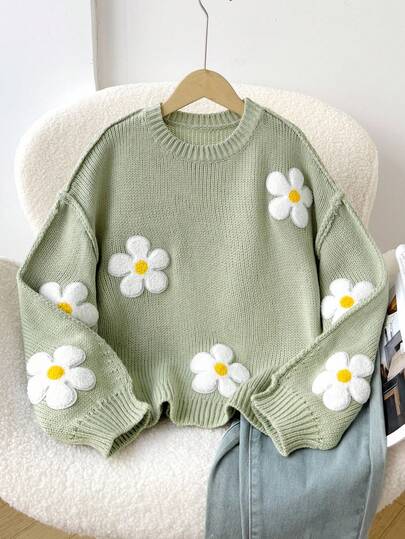 SHEIN Tween Girl Casual Chic Versatile Cute Floral Embellished Loose Comfortable Crew Neck Pullover Sweater, Suitable For Weekend, Casual Outing, Back To School, Girl Sweater, Sweater For Tweens, Daisy Sweater, Flower Sweater Fall Winter,Suitable For Winter, Casual, Preppy, Cute & Casual & Vintage, Great For Autumn/Winter Casual, Daily Wear, School