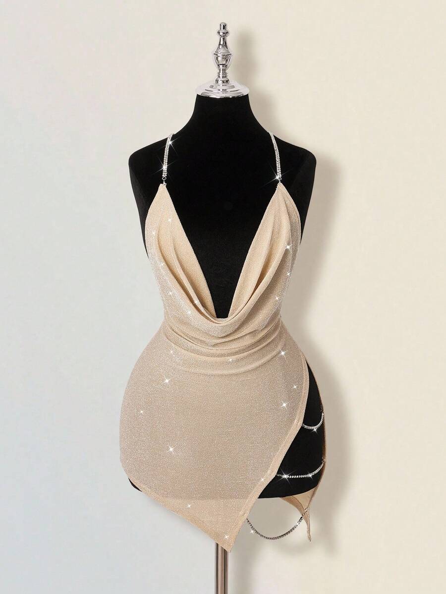 SHEIN ICON 女式彼得潘领迷你连衣裙，V 领 A 字裙，适合派对、生日、日常穿着、野餐，性感秋冬季香槟色连衣裙夜总会连衣裙水钻连衣裙闪光连衣裙 - 黑與白 - 查看 1