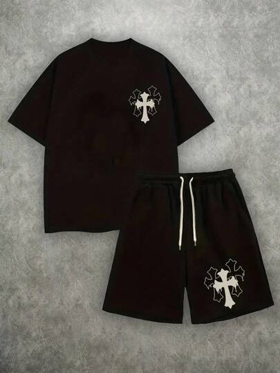 Manfinity ZONE917 Conjunto de camiseta de hombre de corte holgado con estampado geométrico y pantalón corto con cordón en la cintura