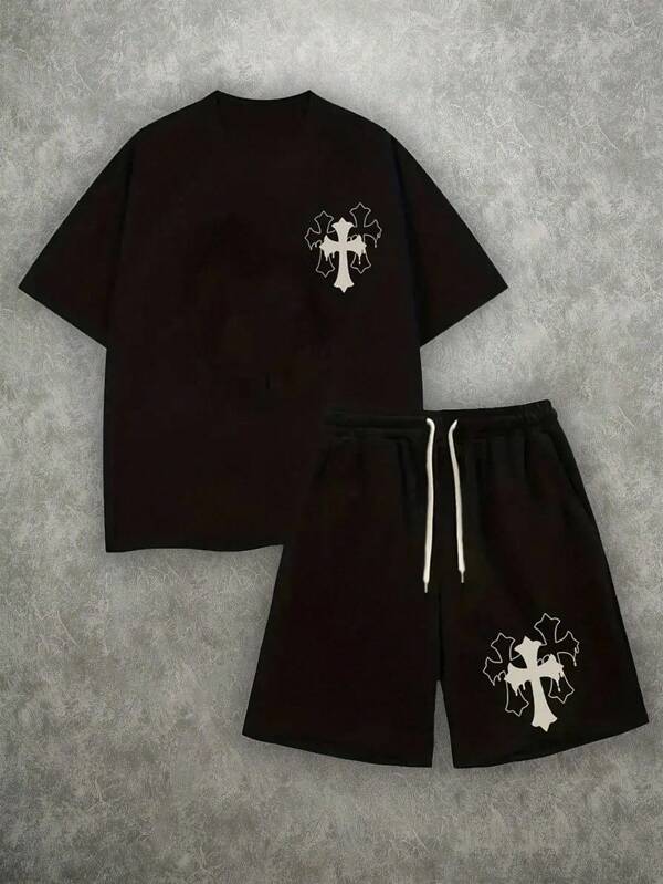 Manfinity EMRG Conjunto de camiseta de hombre de corte holgado con estampado geométrico y pantalón corto con cordón en la cintura