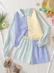 2 件套青少年女孩领撞色蝴蝶结衬衫和撞色短裤 - 彩色 - 查看 3