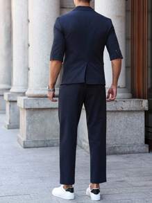 Manfinity Bizformal Traje de blazer y pantalones de cuello de solapa liso de manga 3/4 para hombre - Azul Marino - Ver 2