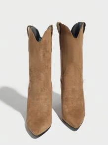 Daringsoles Giày bốt cao gót mũi nhọn gợi cảm dự tiệc cho nữ, bốt cao đến mắt cá chân bằng da lộn thêu họa tiết, màu nâu - màu nâu - Xem 4