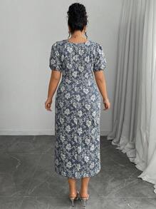 Modelyn Plus Size Elegant Jacquard Puff Sleeve Dress For Summer - Blue - View 2