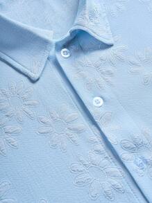 Manfinity Hypemode 男士夏季休闲提花短袖衬衫 - 藍色 - 查看 3