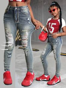 适合青少年女孩的破洞牛仔紧身牛仔裤 复古蓝色 - 中等水洗藍 - 查看 1