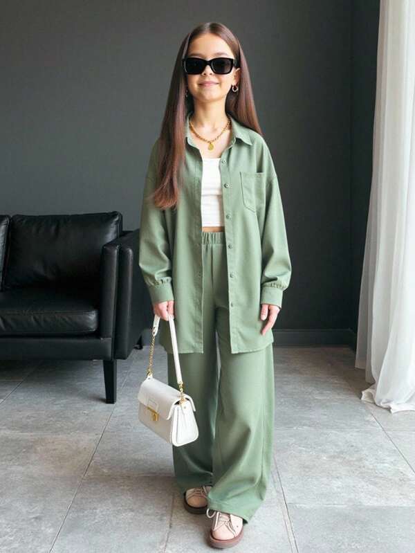 Rückkehr zur Schule Tween Mädchen 3-teiliges Set: Grüne locker sitzende Shacket, Hosenträger und Hose mit Gummibund, lässiger Modestil
