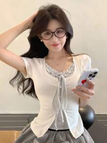 DAZY 女式夏季二合一荷叶边蝴蝶结短袖T恤 - 白色 - 查看 3