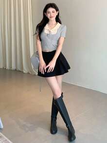 DAZY 女士圆领撞色前系带休闲短袖T恤 - 灰色 - 查看 8