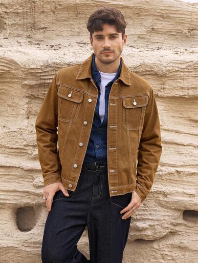 Manfinity Homme Men Brown Casual Denim Jacket With Contrast Stitching, Spring/Summer, Fall