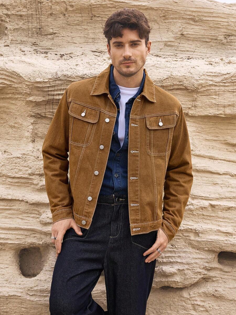 Manfinity Homme 男士棕色休闲牛仔夹克，撞色缝线，春夏秋季款 - 棕色 - 查看 1